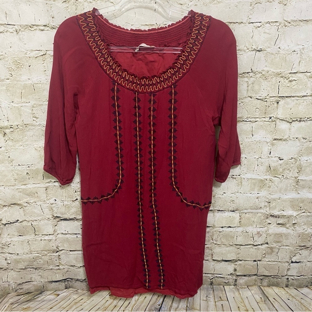 Altar’d State Maroon Embroidered Smocked Neck Shift Dress